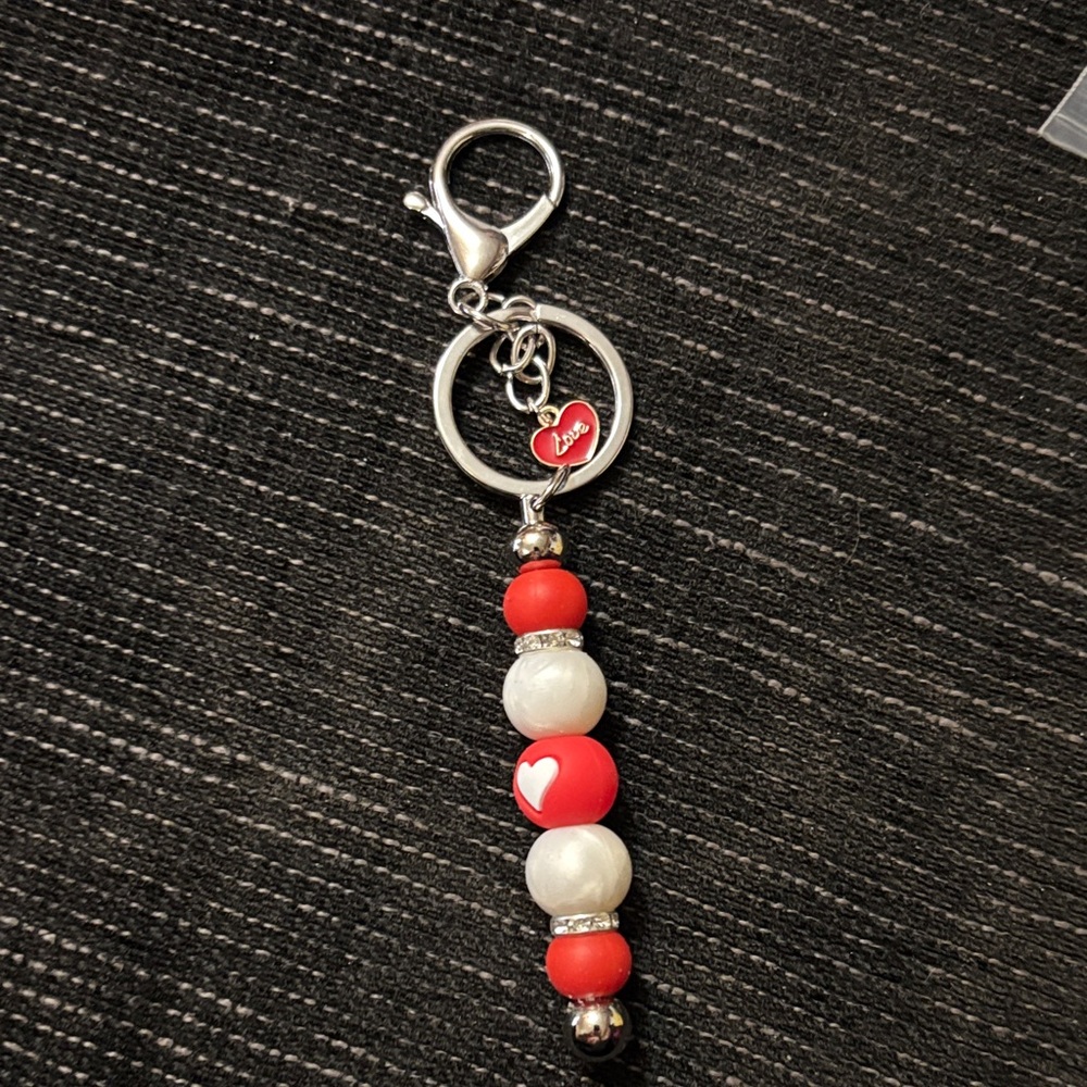 Red and White Beaded Keychain Handmade